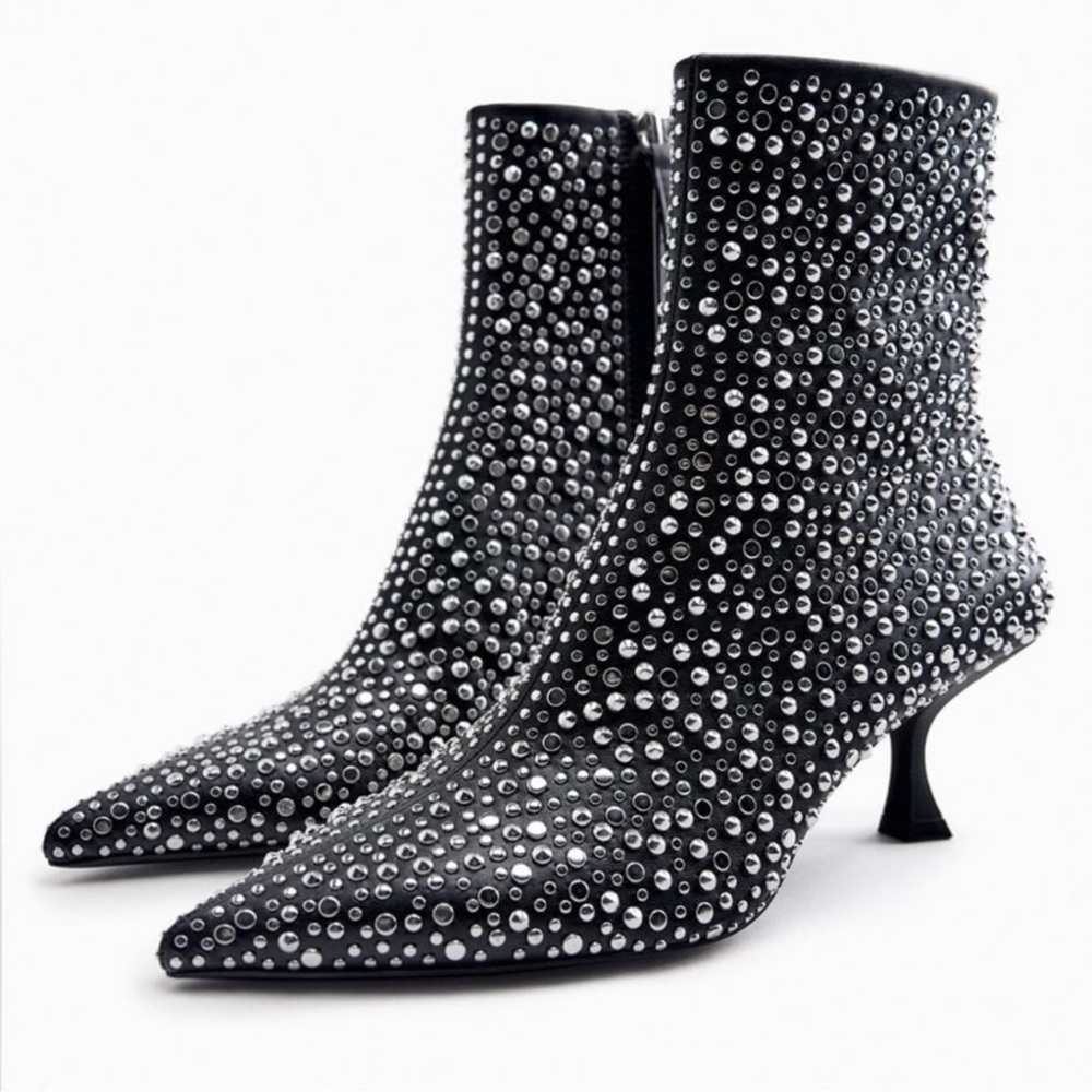 Zara Shoes | Zara Studded High Heel Ankle Boots | Color: Black/Silver